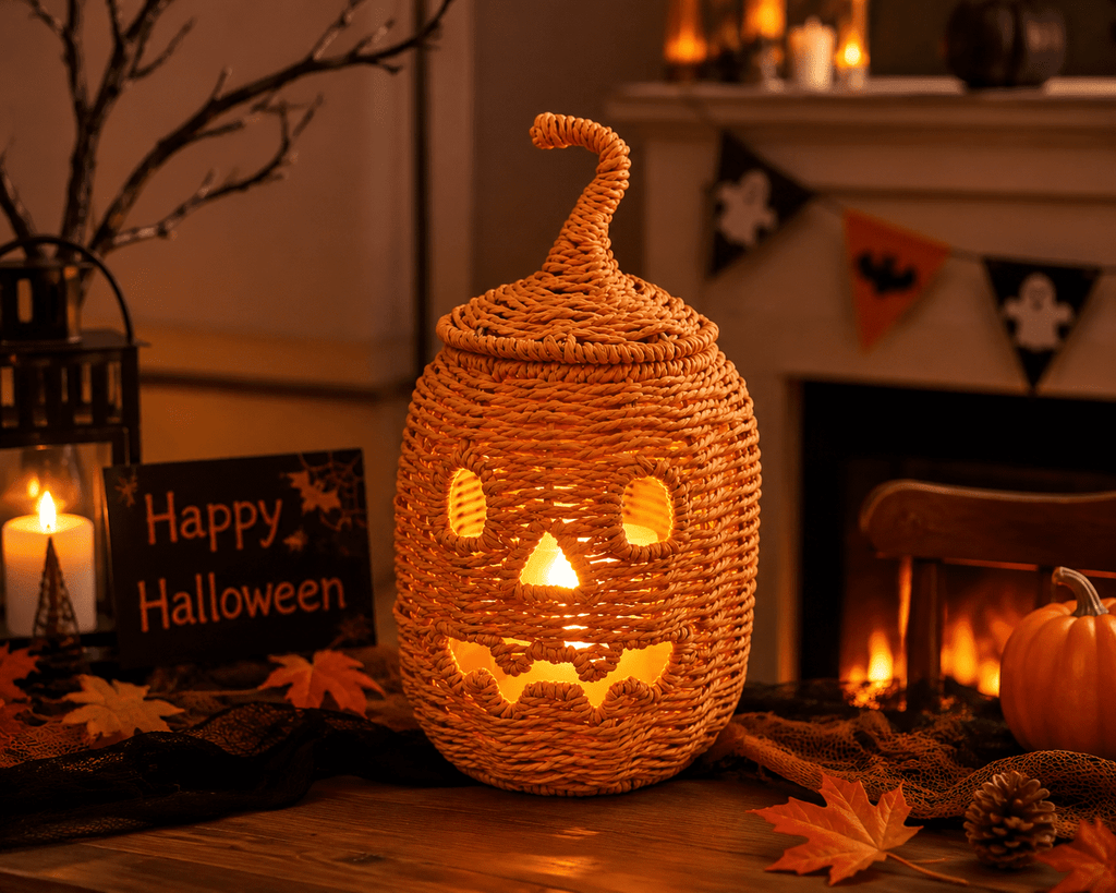 Handwoven Rattan Ghost Lantern with Witch Hat - 13.78 Inch White Wicker Ghost Decor, Light Up Halloween Decorations for Indoor Outdoor, Porch, Patio, Spooky Home Decor, Fall Harvest