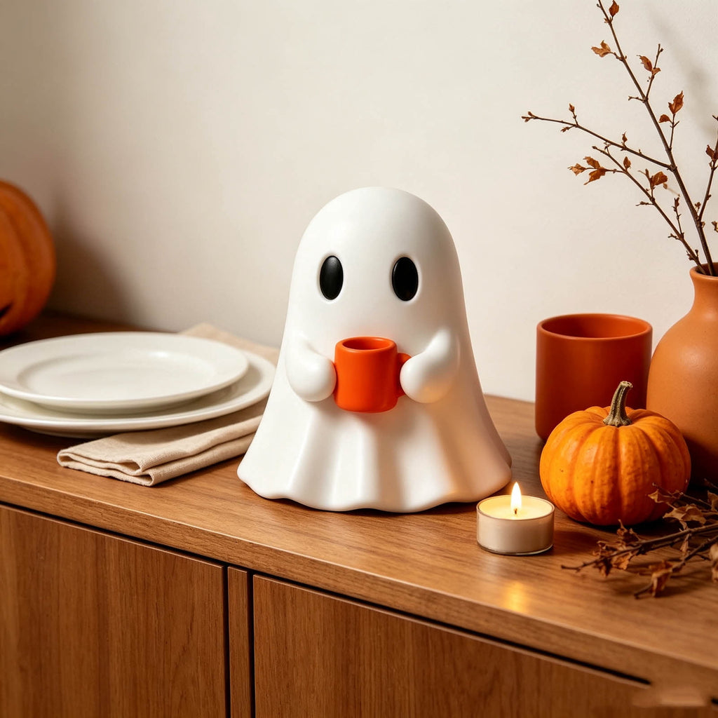 Halloween Ghost Figurine, Resin Lighted Ghost Ornament with Pumpkin Lantern & Beverage Cup, Tabletop Halloween Indoor Decor