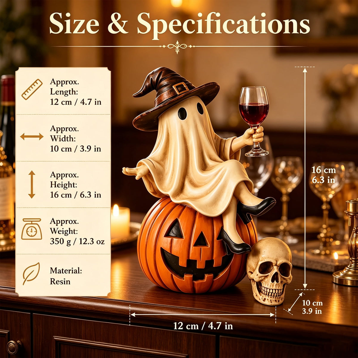 Ghost Decor, Halloween Figurines, Ghost Drinking Coffee Figurine, Witch on Pumpkin, Wine Glass, Spooky Home Accent