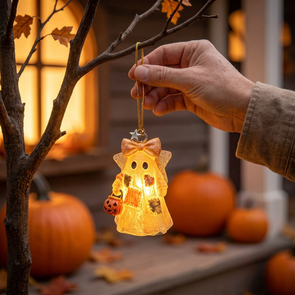 Vintage Patchwork Ghost Figurine, Cute Resin Halloween Ghost Statue with Floral Bow and Pumpkin Basket, Retro Fall Tabletop Mantel Shelf Entryway Porch Decor for Halloween Thanksgiving Home Party