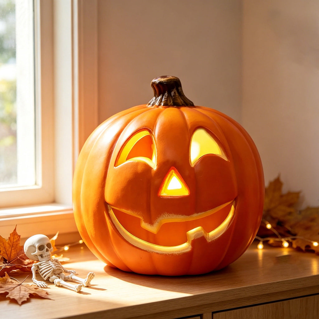 Halloween Lighted Pumpkin Decoration, Glowing Jack o Lanterns, Large LED Pumpkin Lamp with Warm Glow, Outdoor Yard Porch Halloween Decor, Holiday Display Ornament for Home Party