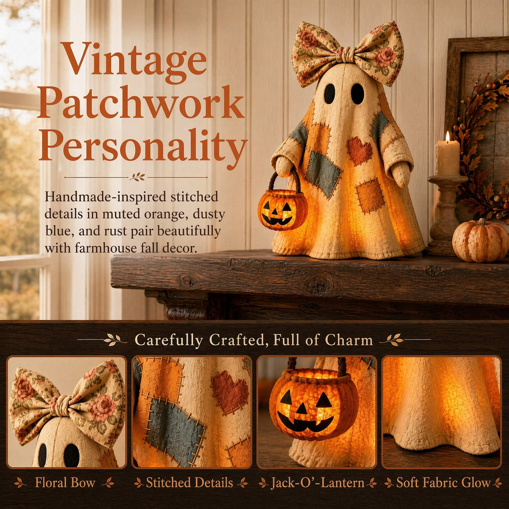 Lighted Vintage Patchwork Ghost Halloween Decor with Pumpkin Lantern Warm Glow Rustic Farmhouse Fall Figurine for Mantel Shelf Porch Entryway Indoor Decoration (Contains a small battery)