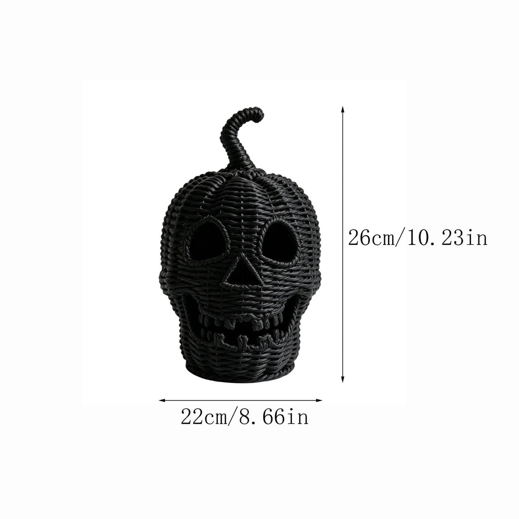 Aximioll Halloween Black Woven Jack-O-Lantern Pumpkin Decor, Hand Woven Rattan Wicker Style Statue, Trick or Treat Candy Bowl Lantern for Porch Entryway Fireplace Mantel Table, Black, 11 Inches