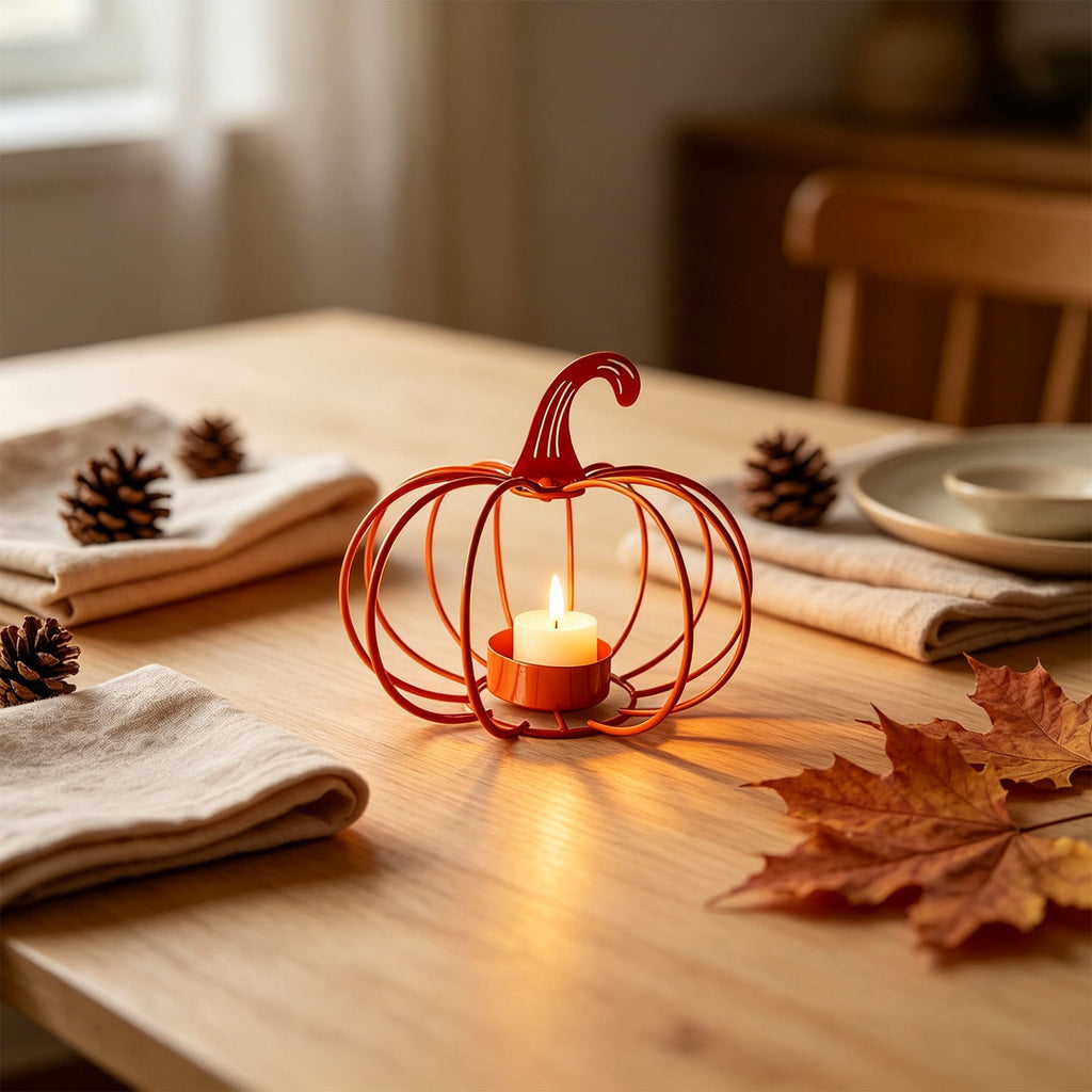 romoty Metal Wire Pumpkin Candle Holder, Vibrant Orange Iron Tealight Stand Tabletop Centerpiece Accent Halloween Thanksgiving Fall Harvest Dining Room Decoration