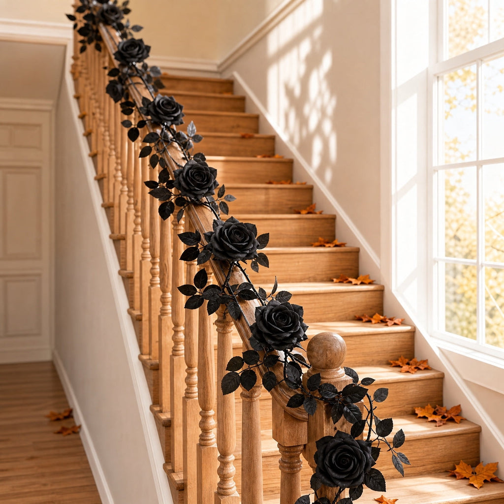 Clearance Gunhay Fall Decor Fall Decorations for Home, Black Decorations Halloween Garland, Fall Wall Hanging Rose Leaves, Artificial Black Rose Leaf Vine, Halloween Decorations for Home