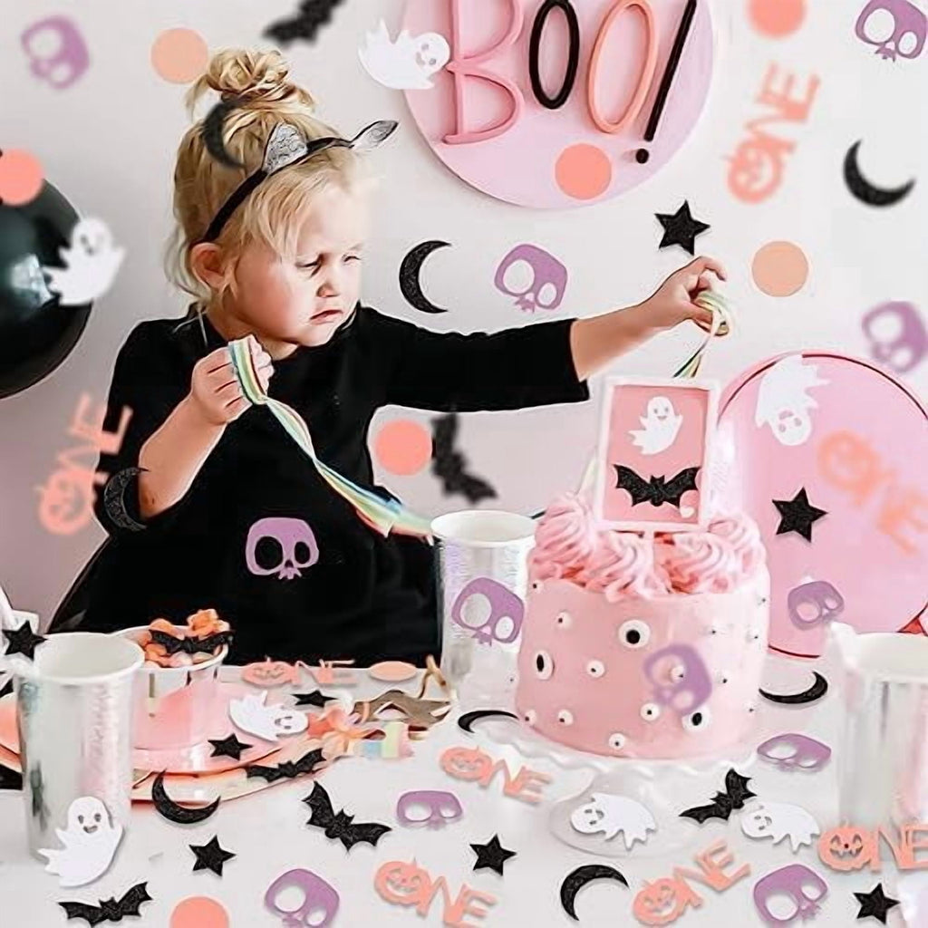 200 Piece Halloween 1st Birthday Confetti Pink Purple Pastel Bat Ghost Pumpkin Decorations for Spooky One Party