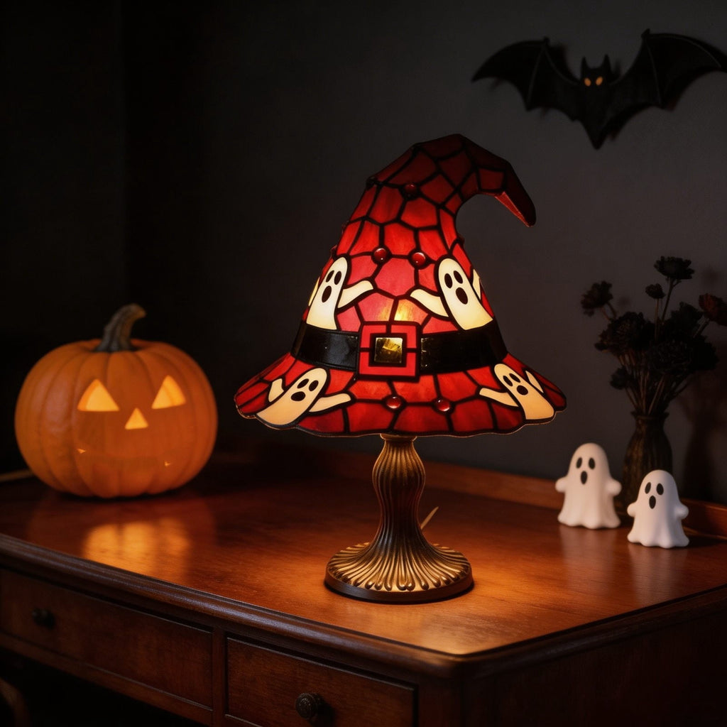Stained Glass Witch Hat Lamp Gothic Halloween Lighting Decor, Vintage Witchy Hats Night Lights, Handcrafted Retro Resin Table Lamp for Bedroom, Living Room & Home Decor