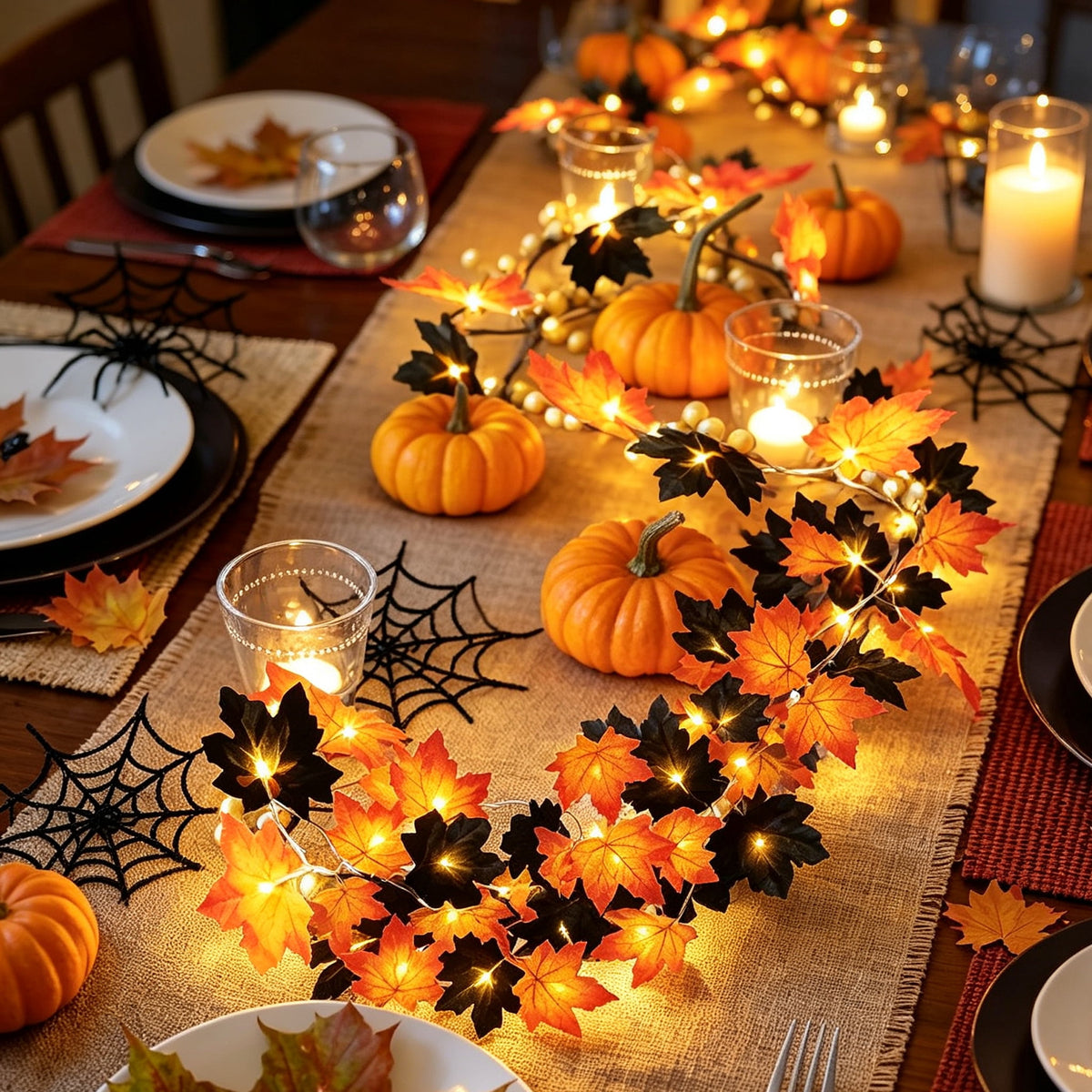 Halloween Black Garland with LED Lights 70.87 Inch Gothic Foliage for Mantel Stair Halloween Party Home Indoor Decor