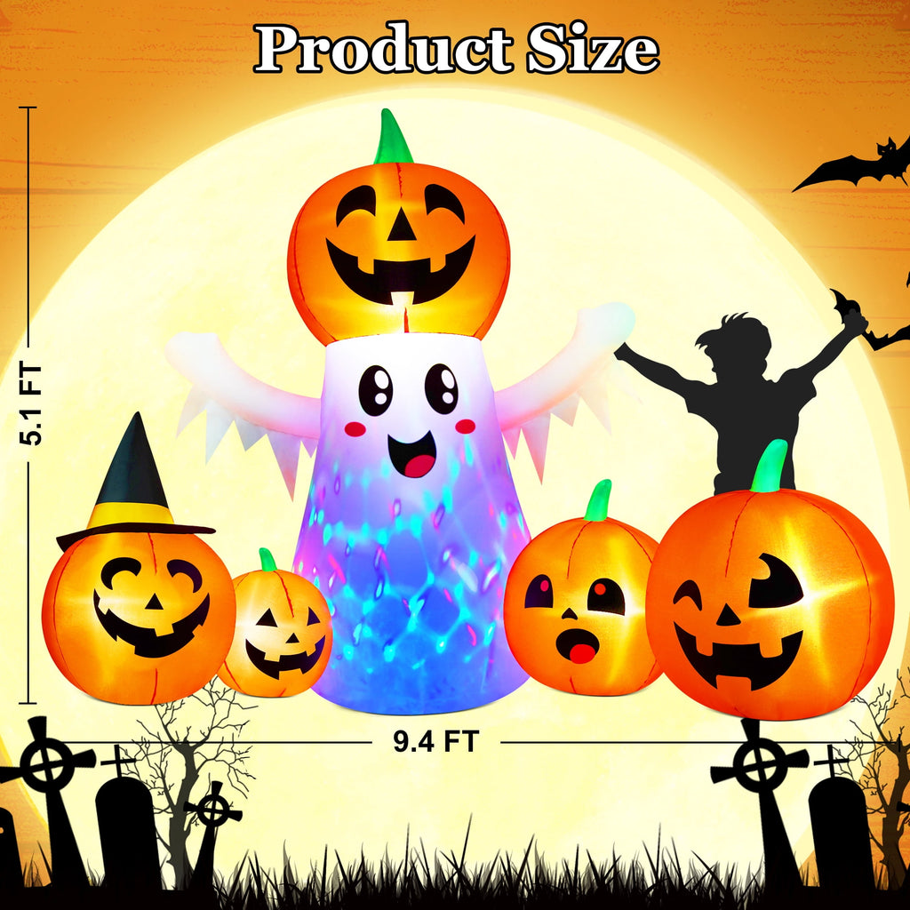 Yexmas 8FT Halloween Inflatable Decoration with Ghost, Black Cat and Pumpkins,Built-in LED Lights, Blow Up Halloween Yard Decor for Indoor/Outdoor Party,Yard, Lawn