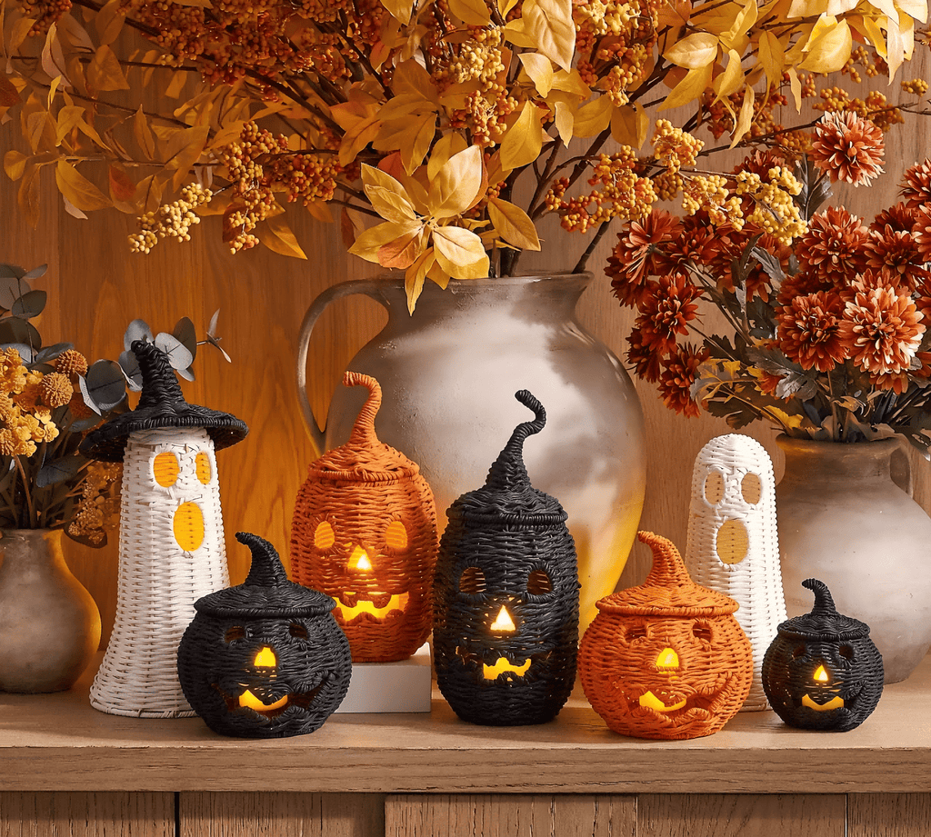 Guvpev 12" Handcrafted Woven Ghost - White Faux Rattan & Metal Ghost Figurine, Halloween Spooky Table Centerpiece & Fall Porch Decor for Indoor Outdoor