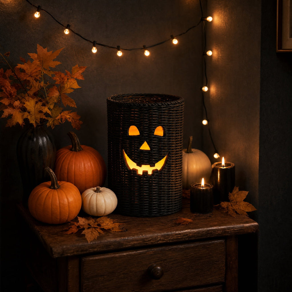 Aximioll Halloween Black Woven Jack-O-Lantern Pumpkin Decor, Hand Woven Rattan Wicker Style Statue, Trick or Treat Candy Bowl Lantern for Porch Entryway Fireplace Mantel Table, Black, 11 Inches