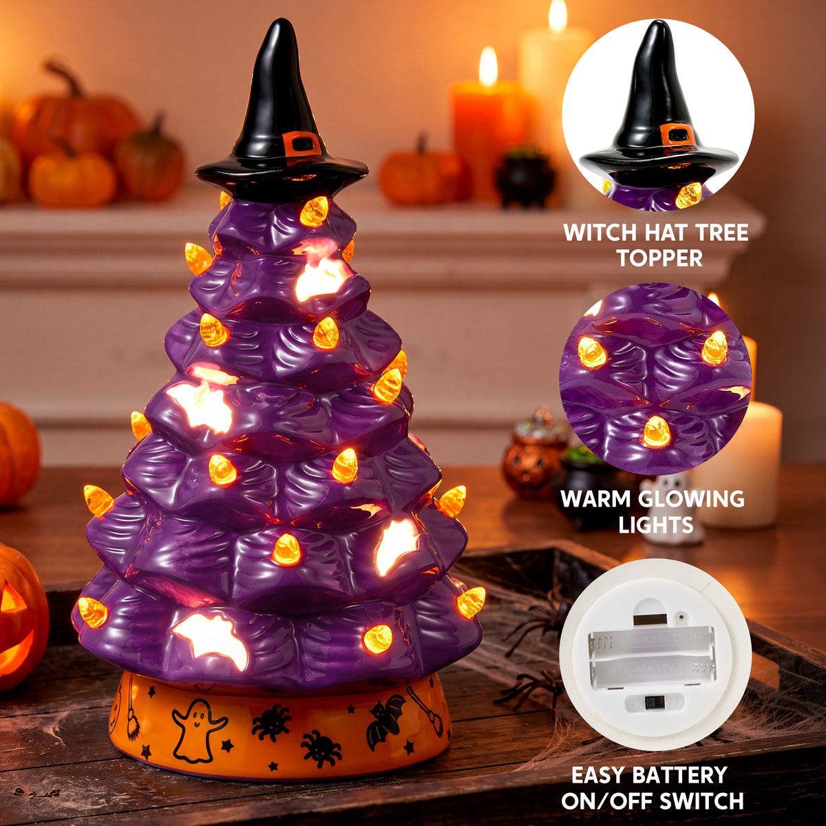 Joyfy 8.5 inch Halloween Decorations Ceramic Gnome Tree Decorations with Build-in LEDs,Light Up Pumpkin Table Decor Bedroom Indoor Centerpieces for Tables