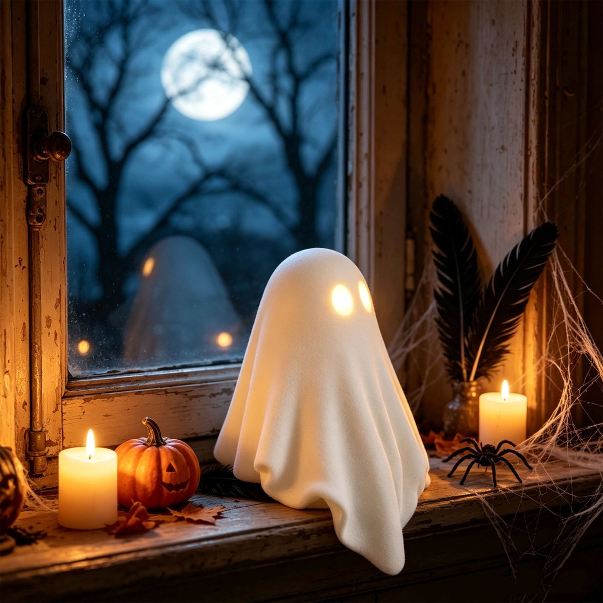 Sahpxhe Halloween Ghost Lamp Decor Warm LED Light for Halloween Mantel Shelf Tabletop Spooky Indoor Halloween Decor