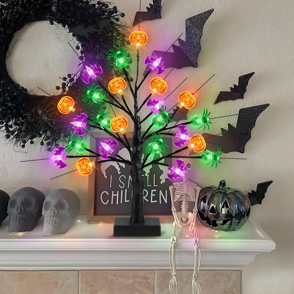 MYFLOCY Halloween 18 Inch Tree Lights 24 LED Pumpkin Bat Spider Indoor Room Decor