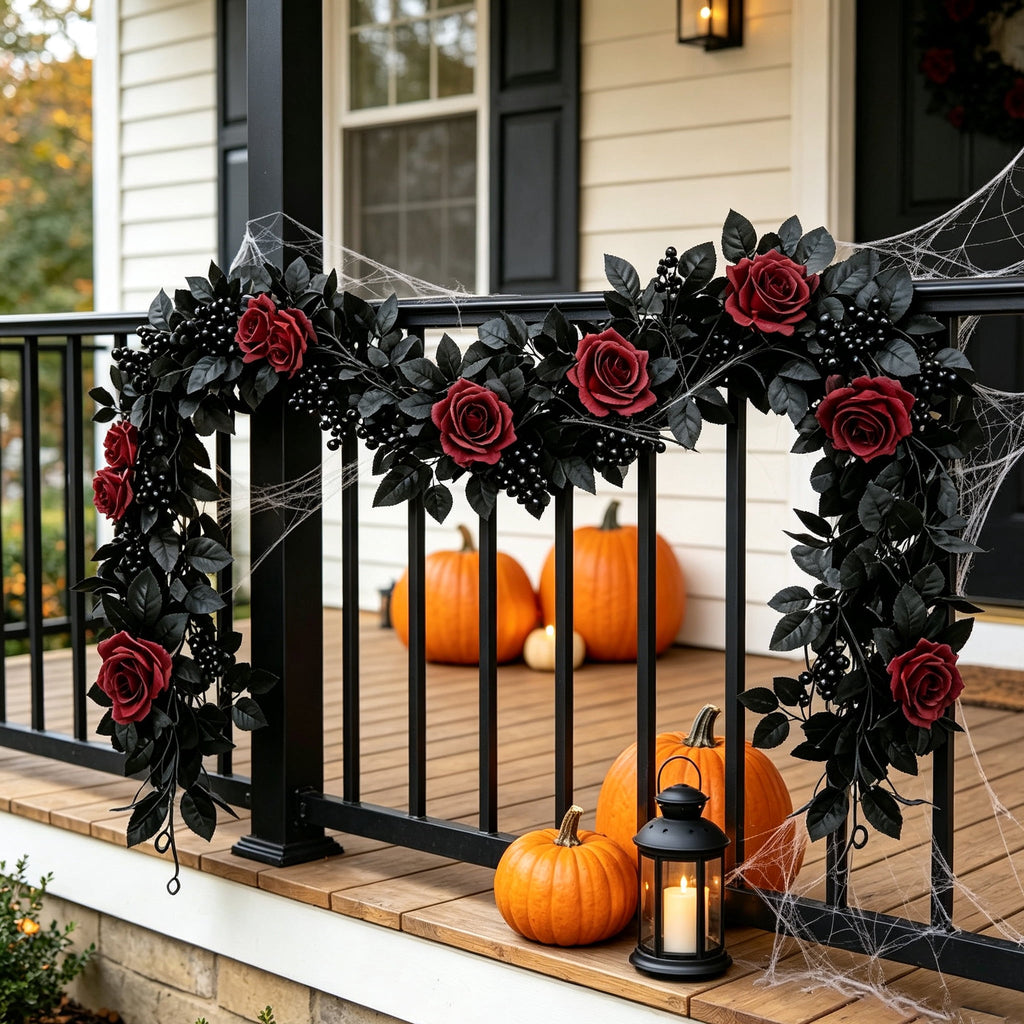 Halloween Black Garland with LED Lights 70.87 Inch Gothic Foliage for Mantel Stair Halloween Party Home Indoor Decor