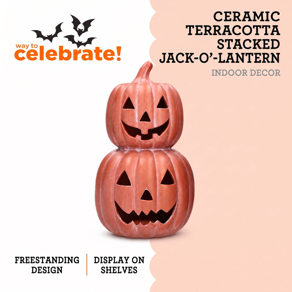 Ceramic Stacked Jack-o'-Lantern Decoration, Terracotta, 11.25", Halloween by Way To Celebrate