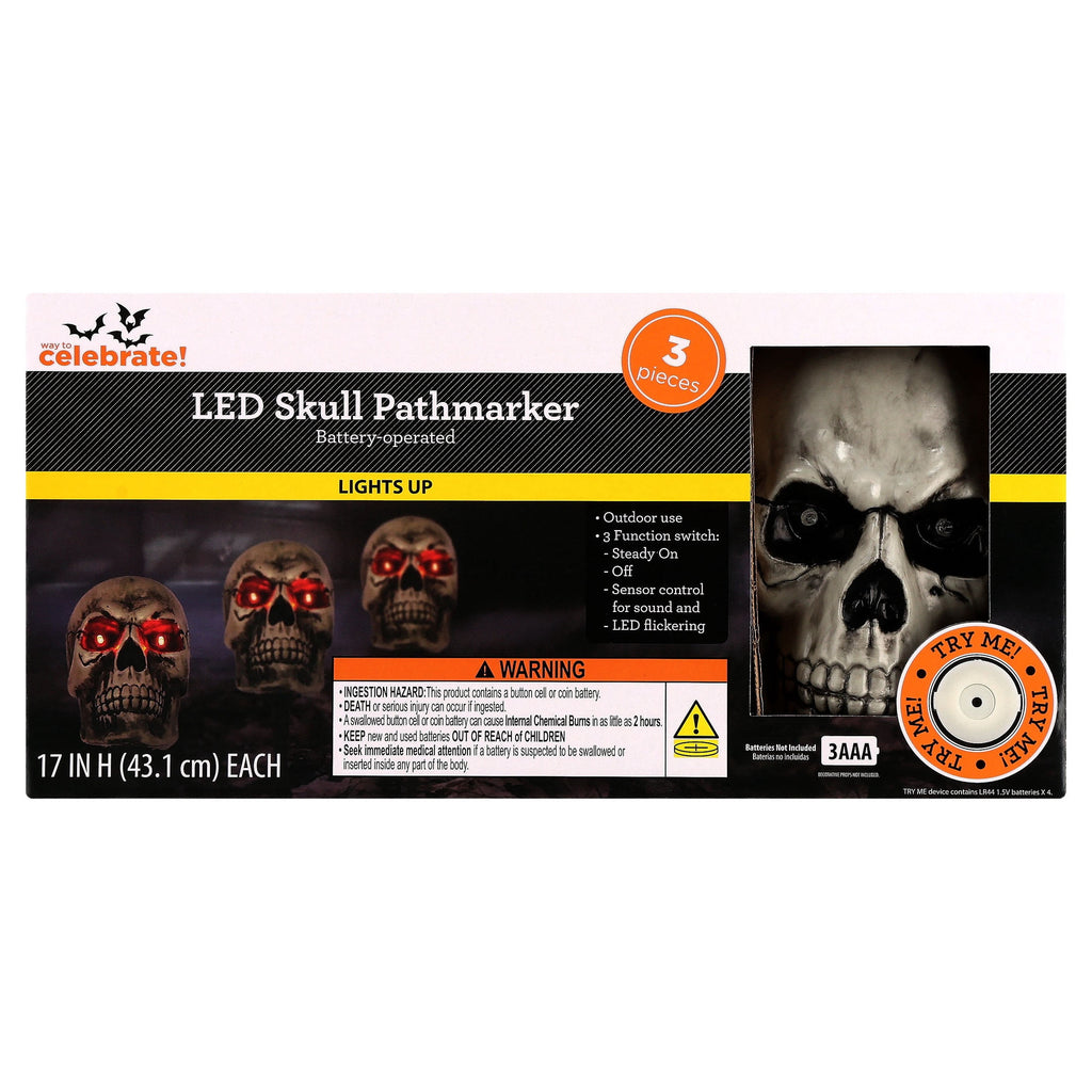 Outdoor Battery-Operated LED Skull Pathmarkers, 17", 3 Count, Halloween by Way To Celebrate
