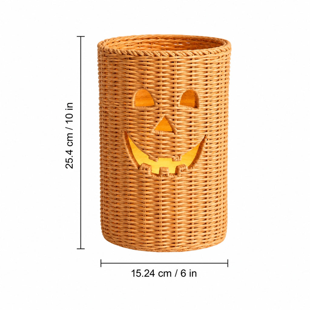 Aximioll Halloween Black Woven Jack-O-Lantern Pumpkin Decor, Hand Woven Rattan Wicker Style Statue, Trick or Treat Candy Bowl Lantern for Porch Entryway Fireplace Mantel Table, Black, 11 Inches