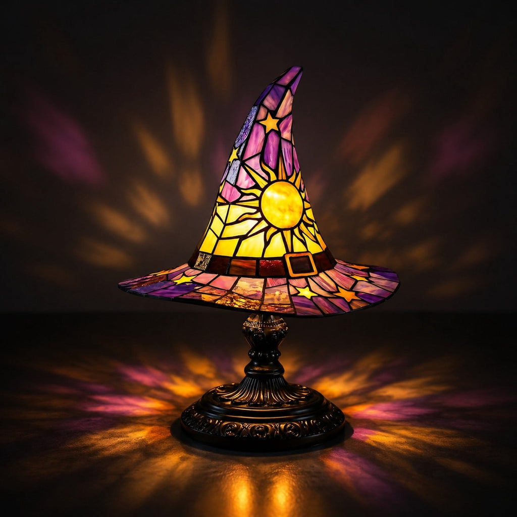 Stained Glass Witch Hat Lamp Gothic Halloween Lighting Decor, Vintage Witchy Hats Night Lights, Handcrafted Retro Resin Table Lamp for Bedroom, Living Room & Home Decor
