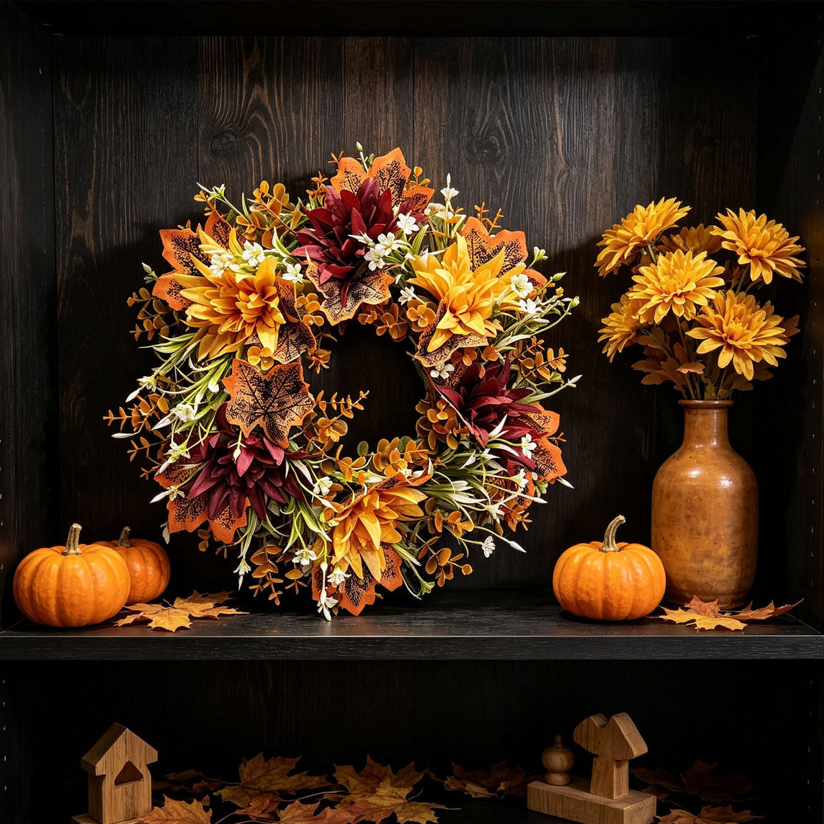 Fall Candle Ring,Artificial Maple Leaves Pumpkins Decorative Wreaths,Berry Wreath for Pillar Candle Holder,Candle Ring for Halloween Centerpieces and Farmhouse Table Decor,7.48 inch(Pink)