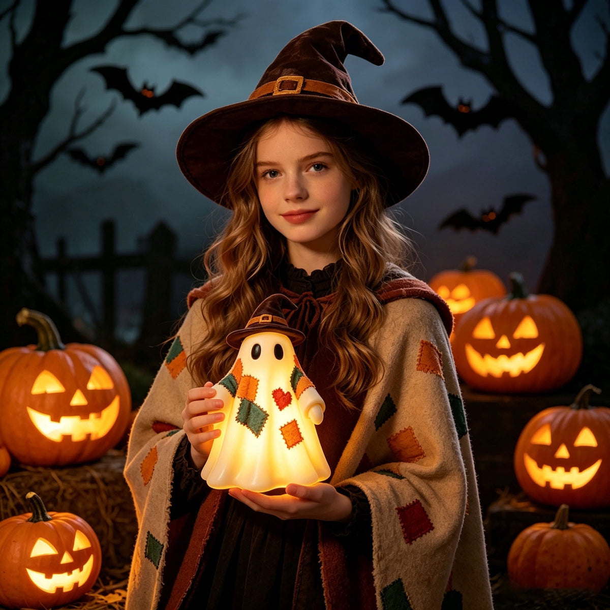 Halloween Ghost Figurine, Resin Lighted Ghost Ornament with Pumpkin Lantern & Beverage Cup, Tabletop Halloween Indoor Decor