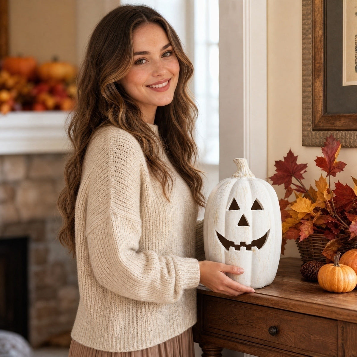 Halloween Pumpkin Lantern Decor, White Handmade Resin Jack O Lantern with Flameless Candle Glow, Vintage Fall Decoration for Front Door Porch Patio Table