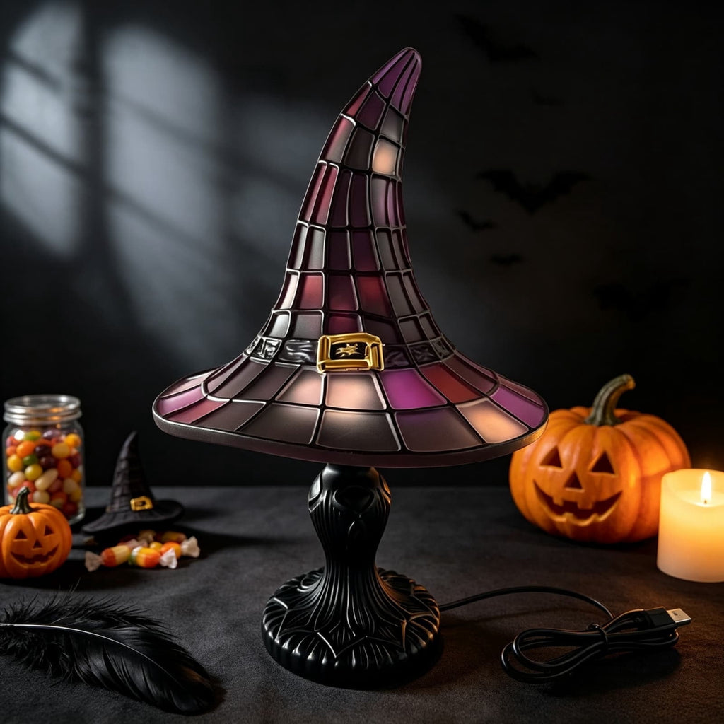 Stained Glass Witch Hat Lamp Gothic Halloween Lighting Decor, Vintage Witchy Hats Night Lights, Handcrafted Retro Resin Table Lamp for Bedroom, Living Room & Home Decor