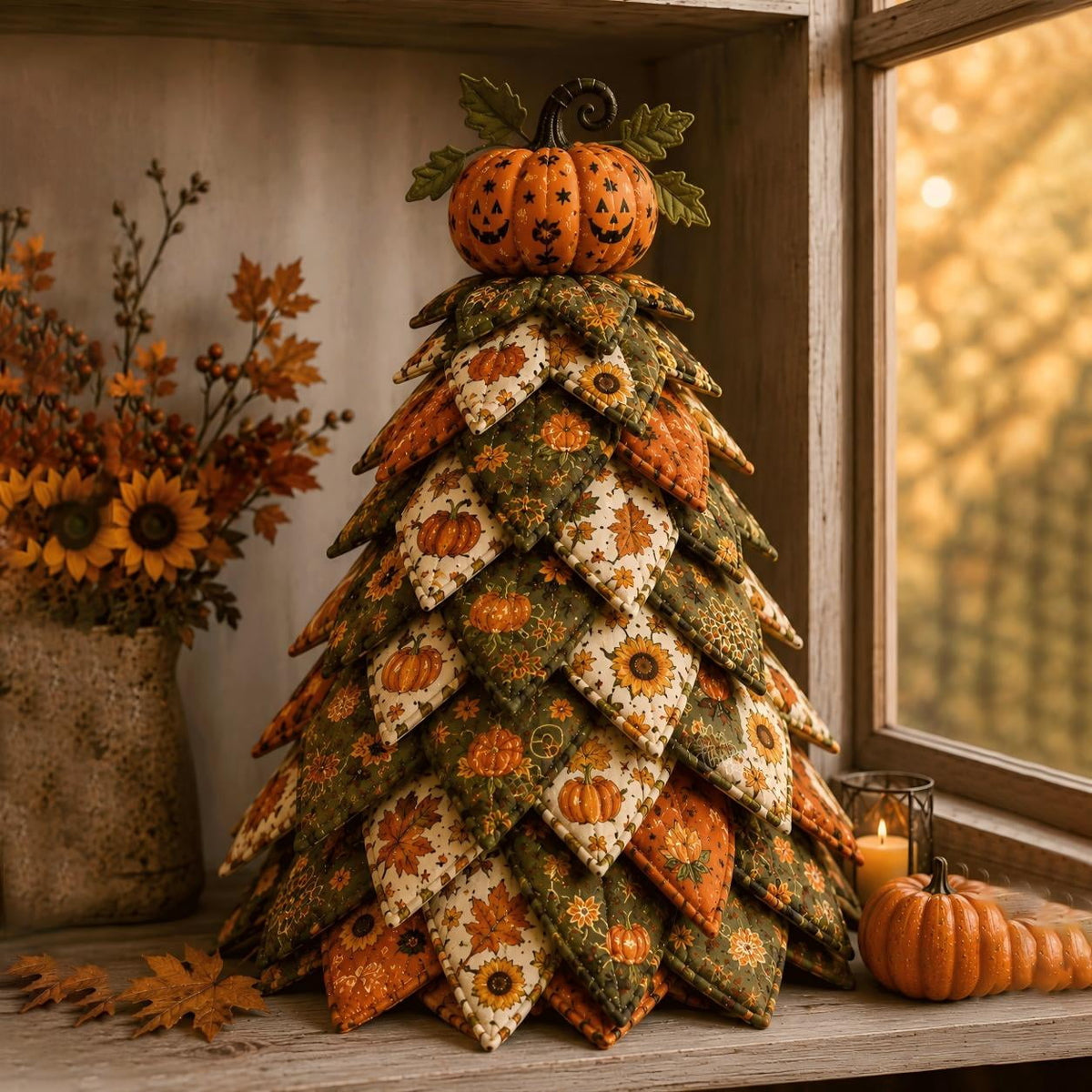 DIY Halloween Quilted Fabric Tree Kit, Sewing Project Holiday Mantel Decor, Quilted Patchwork Fabric Halloween Tabletop Christmas Tree, Handmade Gifts for Craft Lovers, Charming Patchwork Bundle #Cat