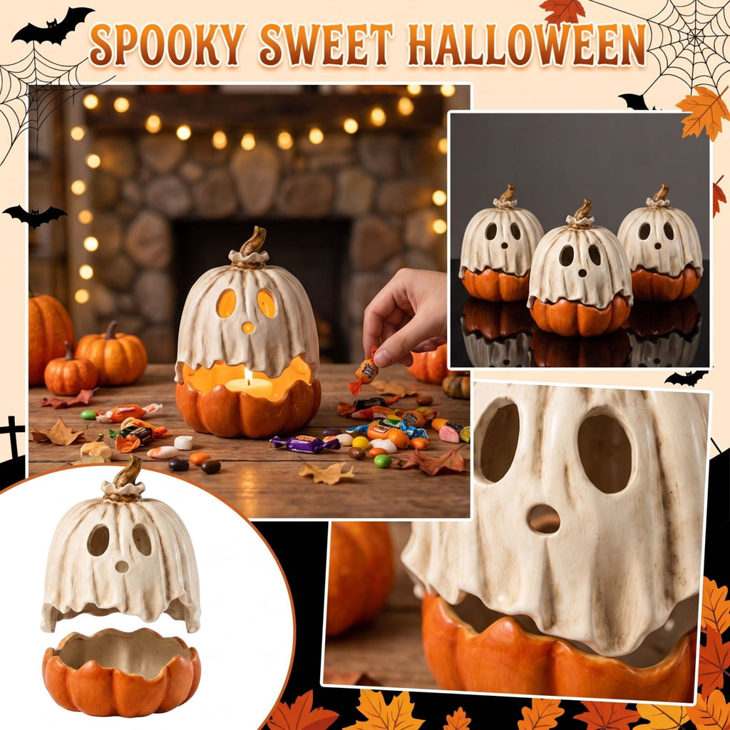 Halloween Ghost Pumpkin Candy Bowl - 2-Piece Detachable Resin Candle Holder, Spooky Jack-O'-Lantern Figurine with Ghost Cover for Tabletop Party Patio Indoor Outdoor Decor Halloween Decorations
