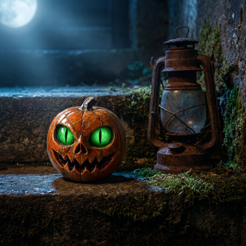 Halloween Scary Jack O Lantern Pumpkin Statue with Color Changing LED Eyes Spooky Tabletop Yard Decor Prop