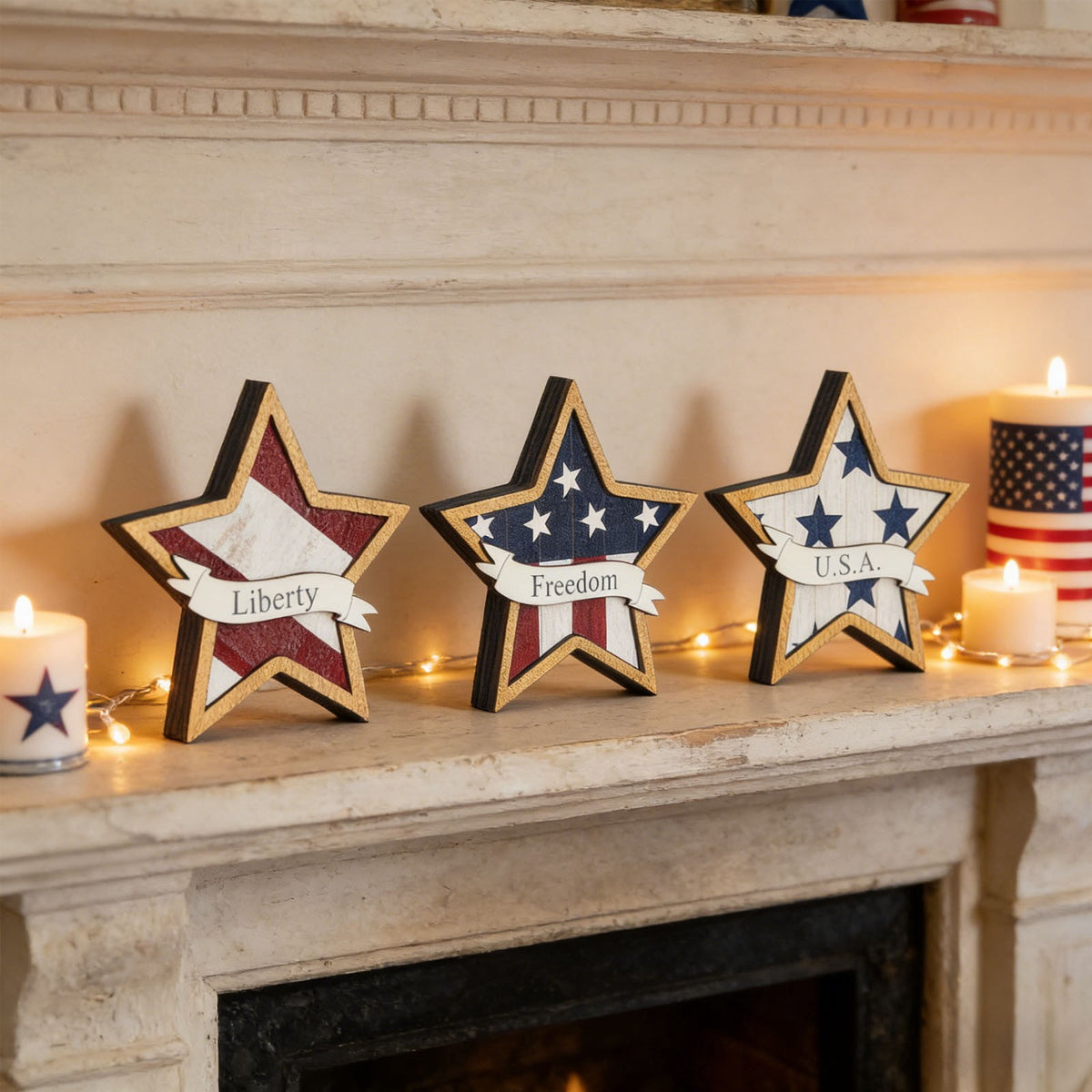 Japceit 3Pcs 4Th Of July Decorations Wooden Stars,Red White Blue Patriotic Decor, Independence Day Ornaments Set,For Home Office Table Shelf