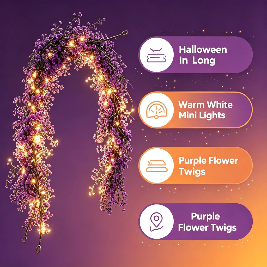 Halloween Black Garland with LED Lights 70.87 Inch Gothic Foliage for Mantel Stair Halloween Party Home Indoor Decor