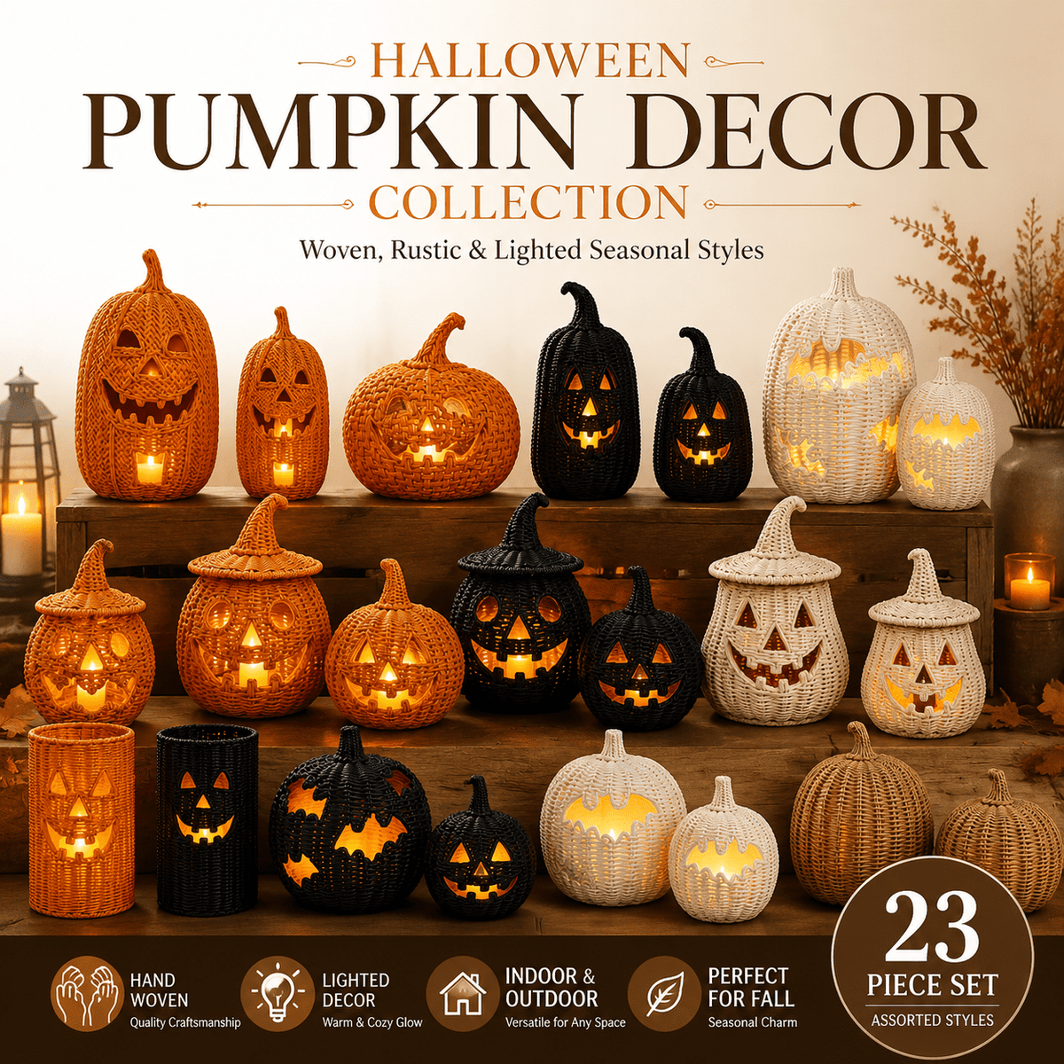 Aximioll Halloween Black Woven Jack-O-Lantern Pumpkin Decor, Hand Woven Rattan Wicker Style Statue, Trick or Treat Candy Bowl Lantern for Porch Entryway Fireplace Mantel Table, Black, 11 Inches