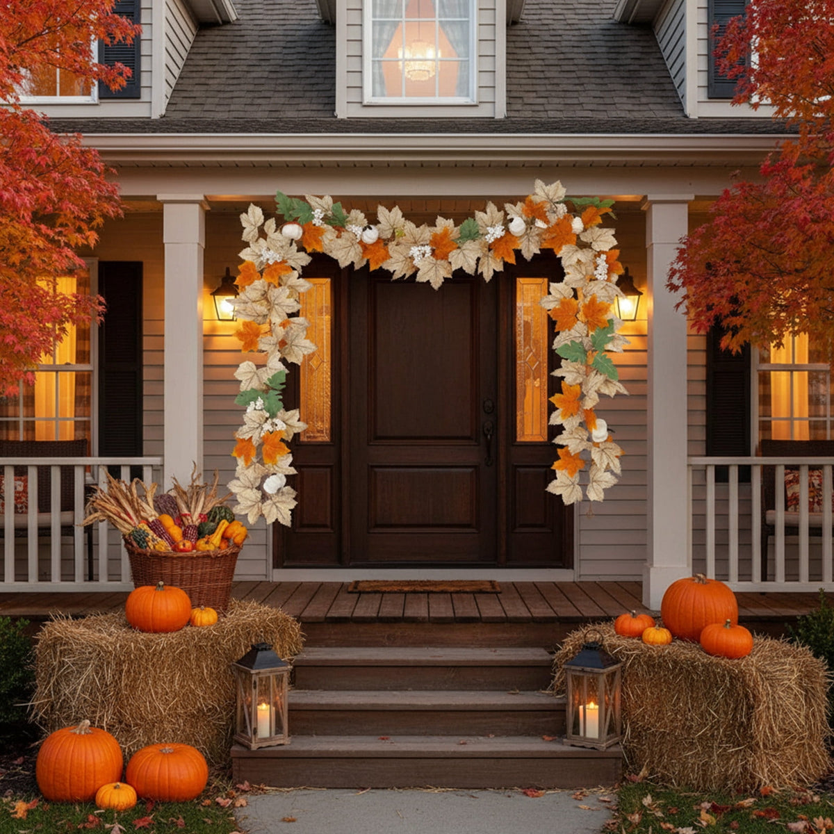 Fall Halloween Decoration for Home Indoor Outdoor Clearance Under $5.00!Artificial Maple Leaf Vines Home Decor Faux Flowers Simulated Pumpkins Artificial Maple Leaves For Thanksgiving Festival