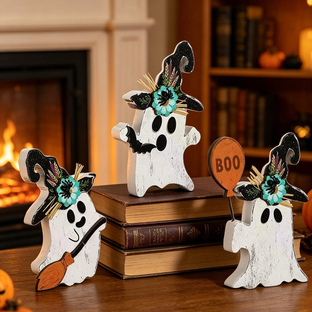 Halloween Ghost Figurine, Resin Lighted Ghost Ornament with Pumpkin Lantern & Beverage Cup, Tabletop Halloween Indoor Decor