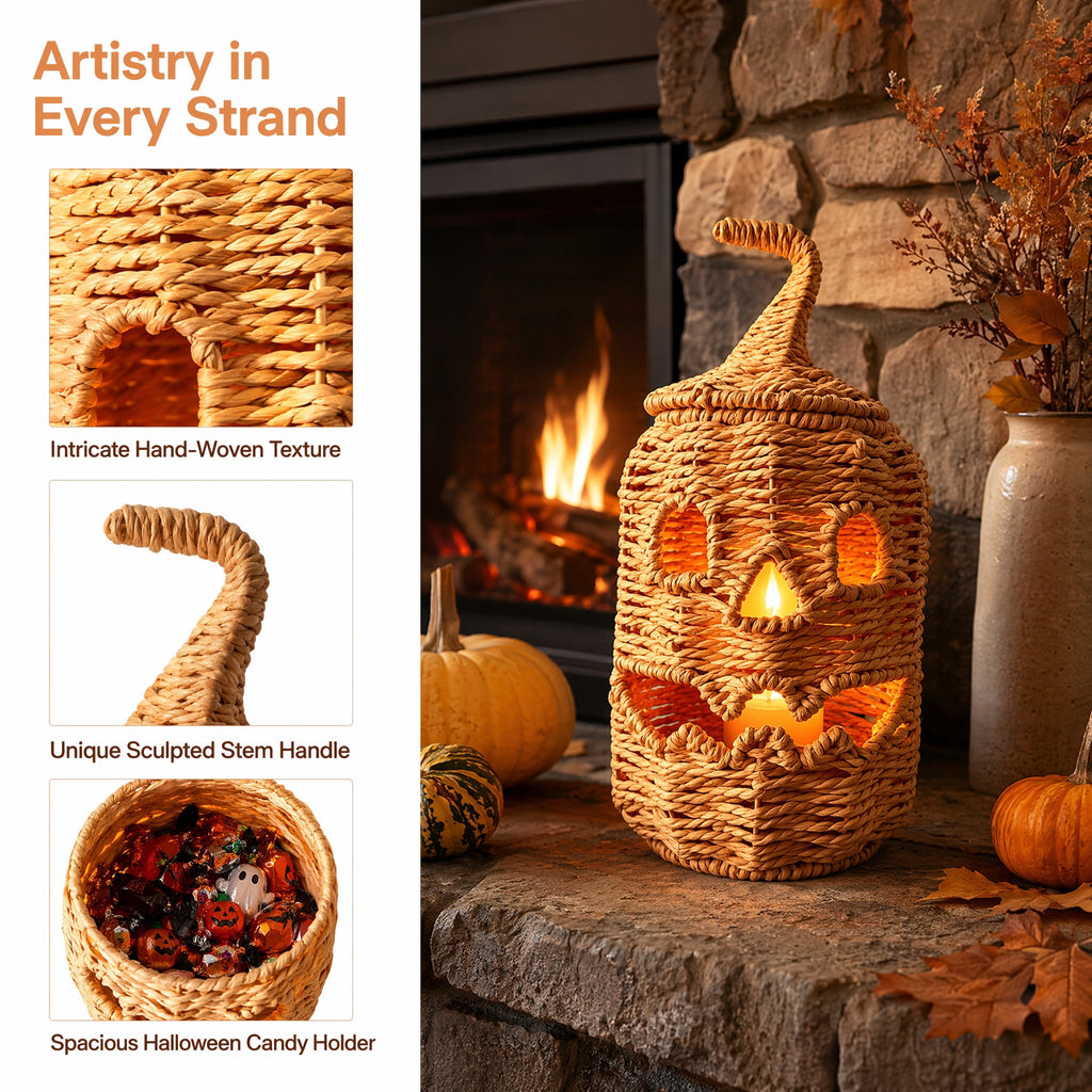 Handwoven Pumpkin Lantern, Rustic Vintage Halloween Decor, 28cm Woven Pumpkin Lantern Without LED Candle Light, Pumpkin Ornament for Mantel Doorstep Halloween Party Decorations