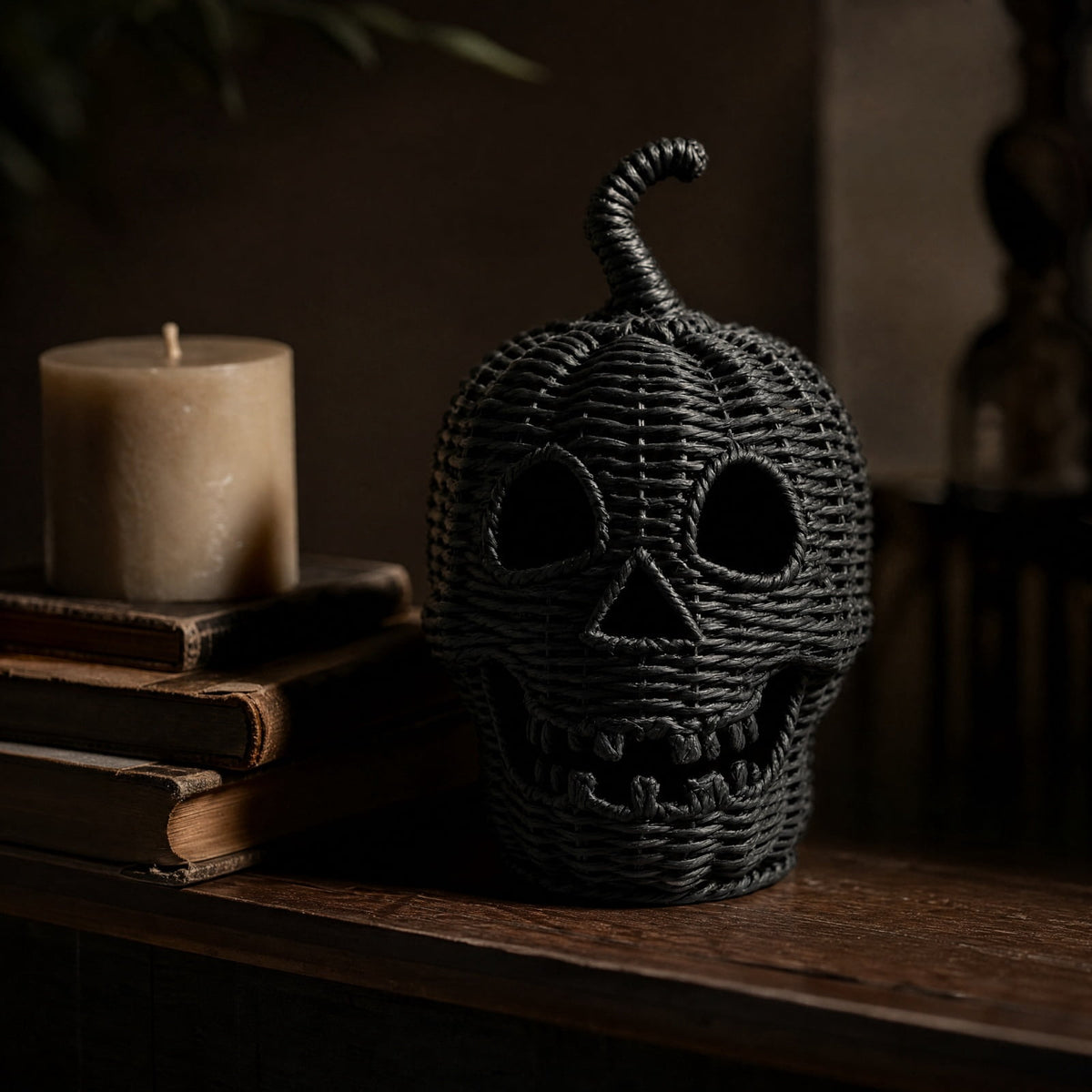 Aximioll Halloween Black Woven Jack-O-Lantern Pumpkin Decor, Hand Woven Rattan Wicker Style Statue, Trick or Treat Candy Bowl Lantern for Porch Entryway Fireplace Mantel Table, Black, 11 Inches