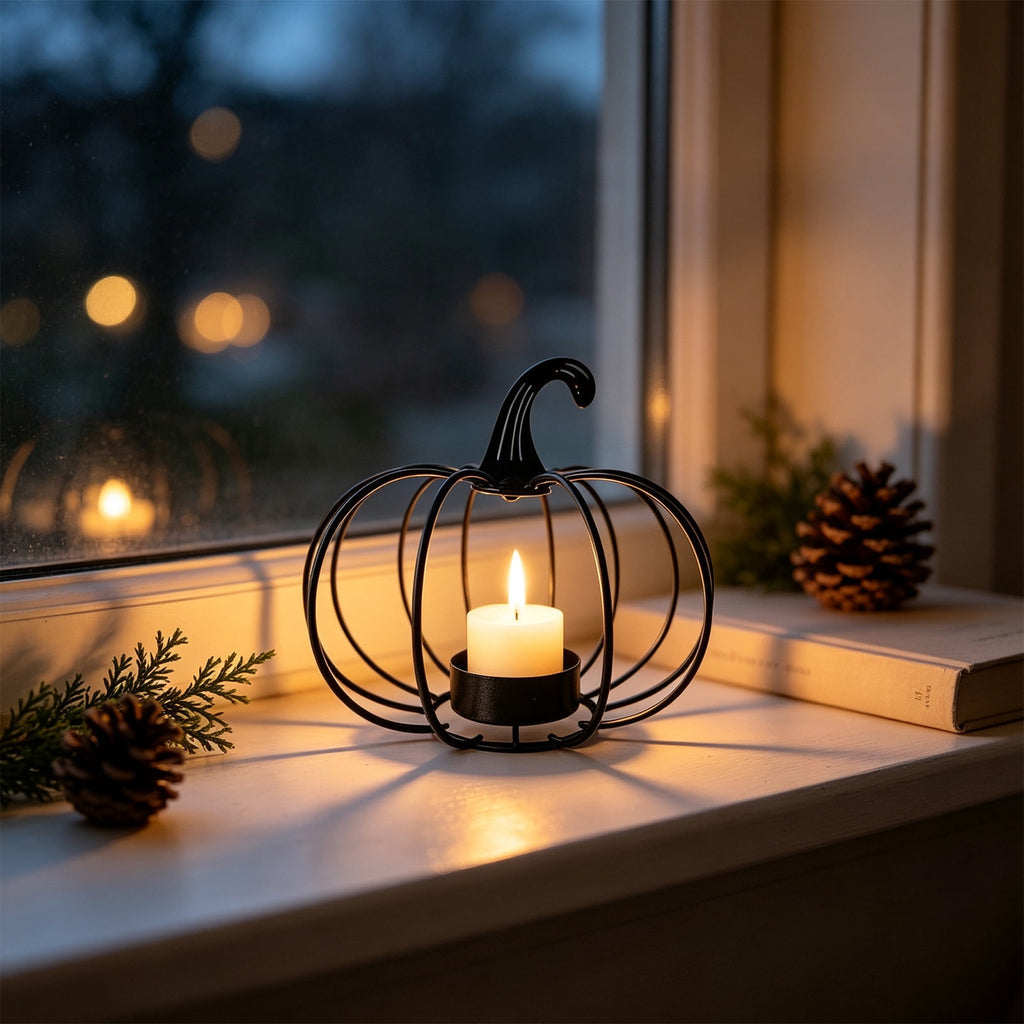 romoty Metal Wire Pumpkin Candle Holder, Vibrant Orange Iron Tealight Stand Tabletop Centerpiece Accent Halloween Thanksgiving Fall Harvest Dining Room Decoration