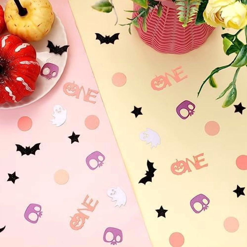 200 Piece Halloween 1st Birthday Confetti Pink Purple Pastel Bat Ghost Pumpkin Decorations for Spooky One Party