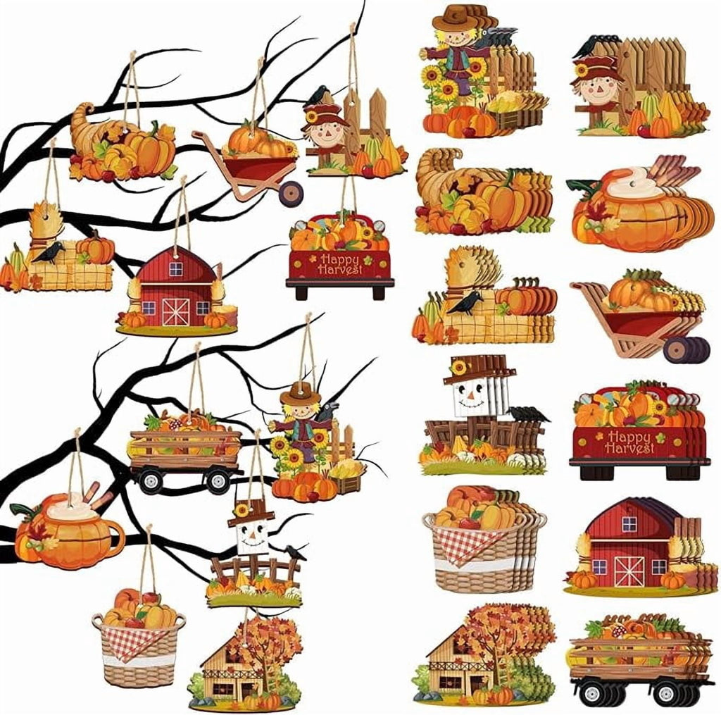 48 Piece Fall Wooden Tree Ornaments Pumpkin Scarecrow Thanksgiving Maple Leaf Decorations