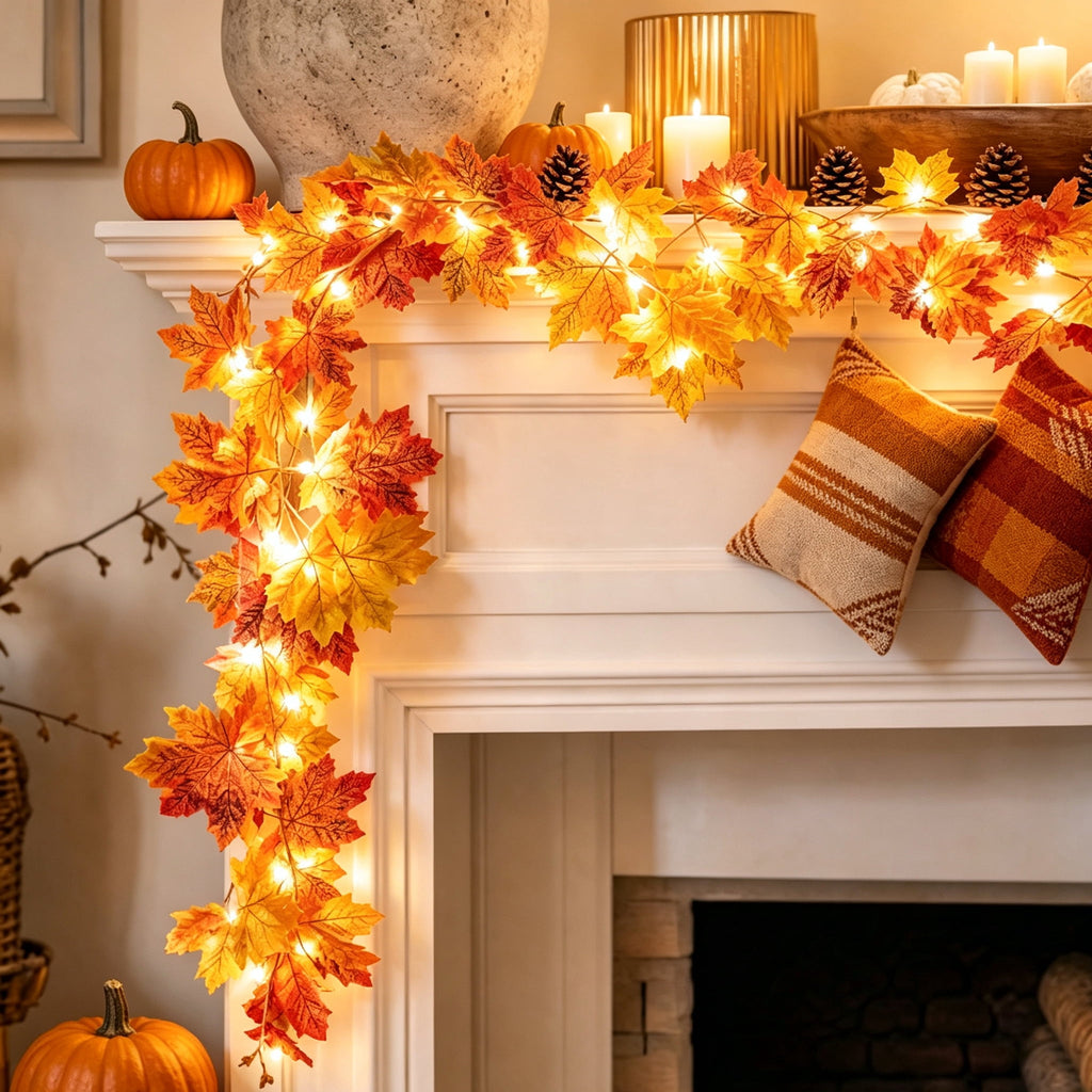 Halloween Black Garland with LED Lights 70.87 Inch Gothic Foliage for Mantel Stair Halloween Party Home Indoor Decor