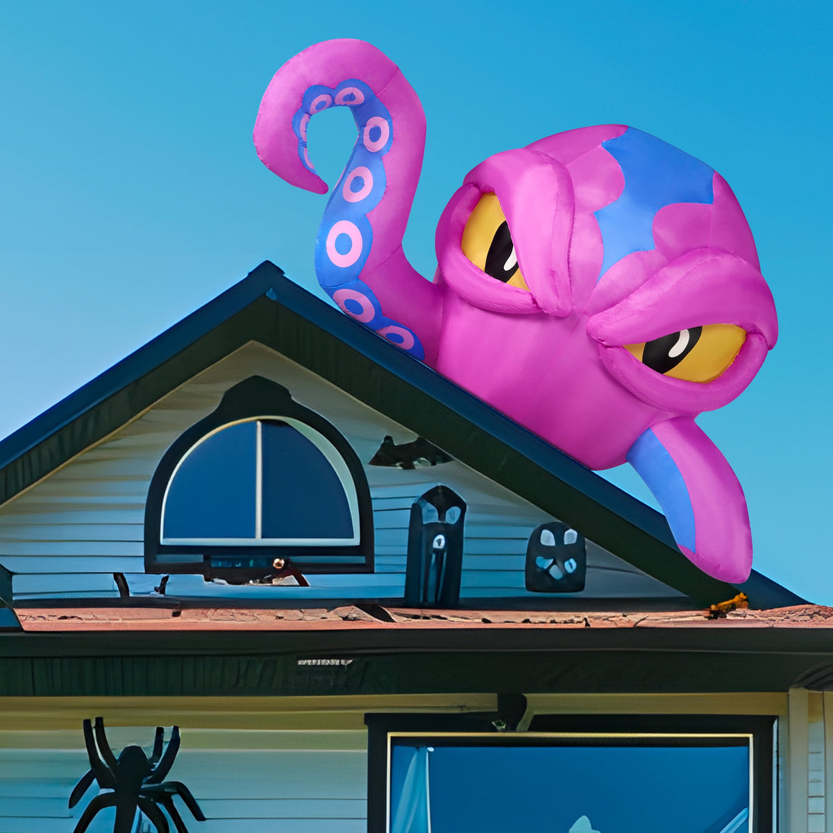 Joyfy 4 FT Halloween Inflatable Purple Octupos Head with Tentacles Broke Out from Window with Built-in LED Blow Up Inflatable for Window Decoration Yard Garden Lawn Decor