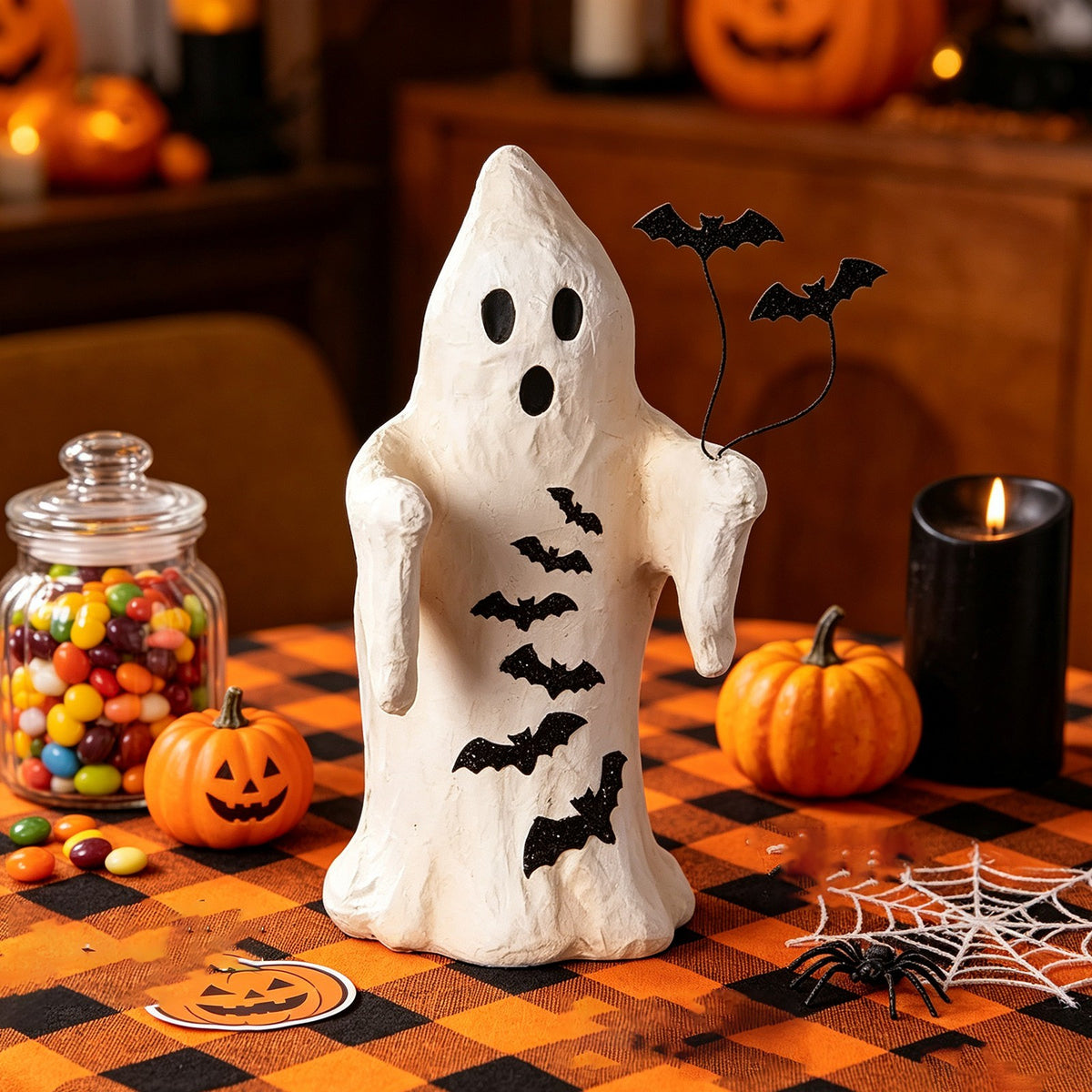 Halloween Ghost Figurine, Resin Lighted Ghost Ornament with Pumpkin Lantern & Beverage Cup, Tabletop Halloween Indoor Decor