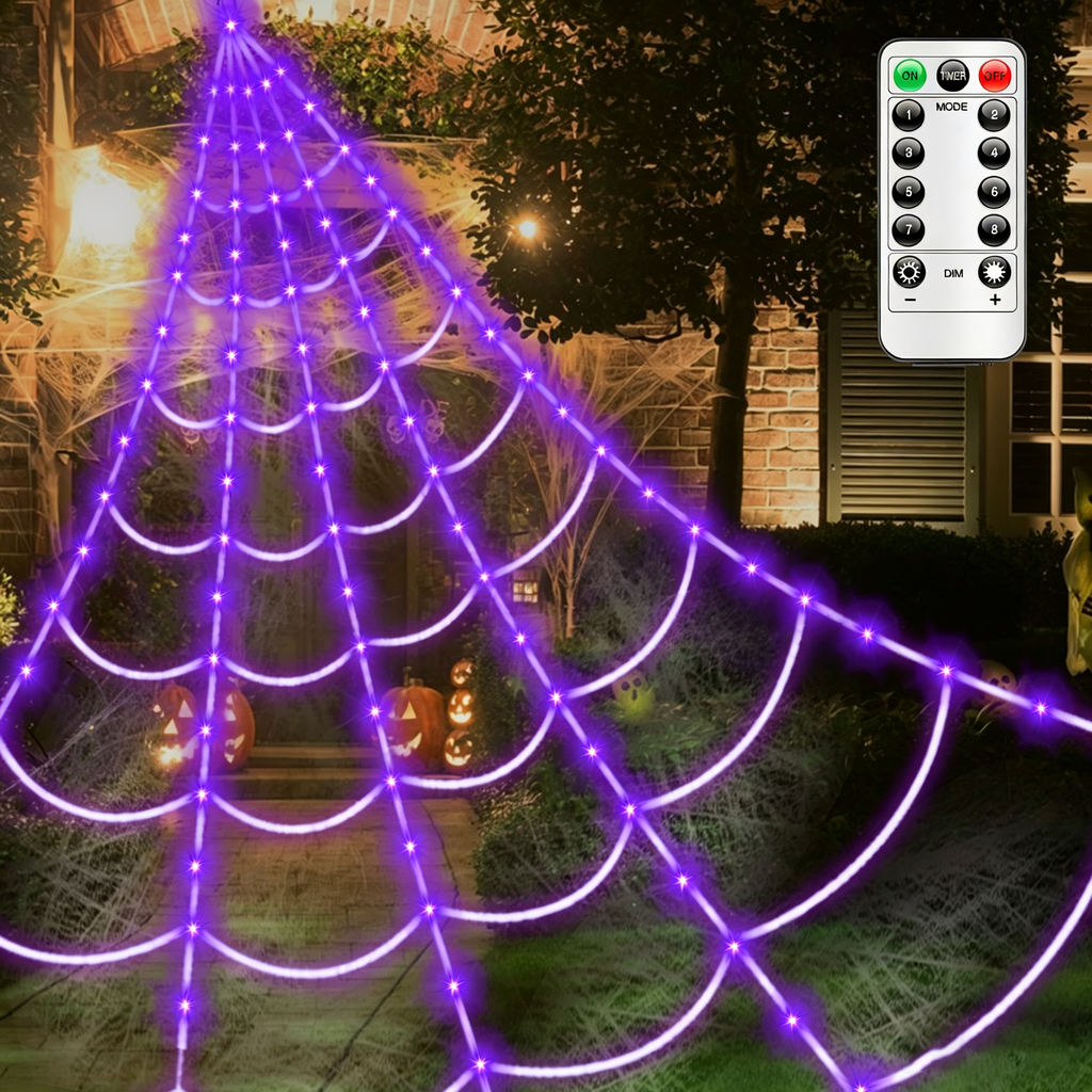 Halloween Decorations Spider Web Lights,4FT Diameter 70 LED with Black Spider, Waterproof Net Lights, Remote Control, 8 Modes Cobweb Halloween Decorations for House Garden Indoor Outdoor (Purple)