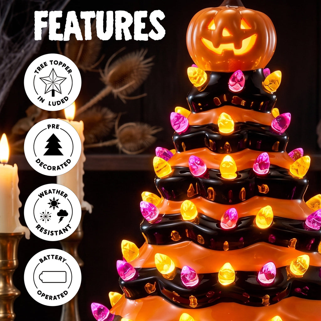 Joyfy 8.5 inch Halloween Decorations Ceramic Gnome Tree Decorations with Build-in LEDs,Light Up Pumpkin Table Decor Bedroom Indoor Centerpieces for Tables