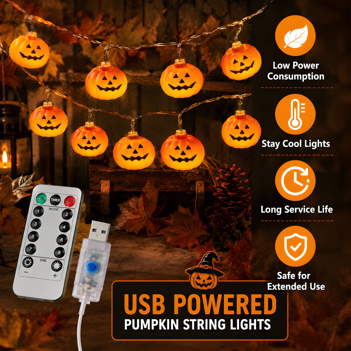 DAYBETTER Halloween Pumpkin String Lights, 10FT 3D Orange Pumpkin Twinkle Lights with 20LEDs, 8 Modes & USB Powered for Indoor, Outdoor, Halloween Decor