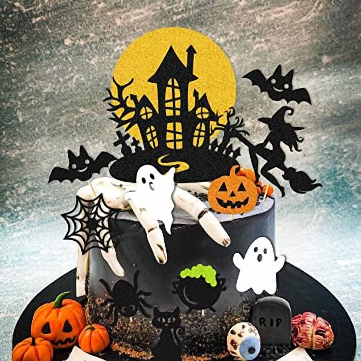Halloween Cake Decoration Halloween Cupcake Topper Ghost Witch Pumpkin Bat Spider Haunt House Theme Cake Decoration for Horror Party Supplies