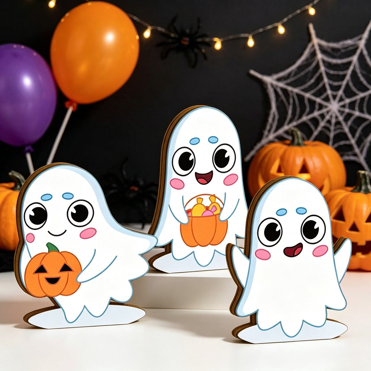 Halloween Ghost Figurine, Resin Lighted Ghost Ornament with Pumpkin Lantern & Beverage Cup, Tabletop Halloween Indoor Decor