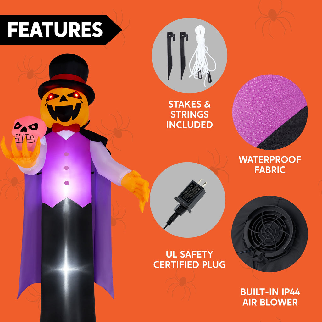 Joyfy 12 ft Giant Halloween Inflatable Pumpkin Ghost Vampire with Skull Decoration with Built-in LEDs,Ghost Halloween Decorations Outdoor Blow Up Yard Lawn Decoration