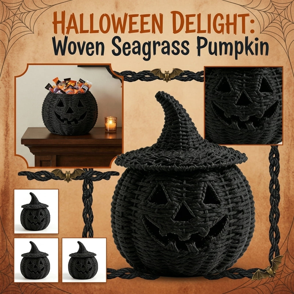 Halloween Woven Seagrass Pumpkin for Spooky Halloween Candy Storage and Home Decor, Black Handcrafted Witch Hat Woven Seagrass Lantern for LED Candy（B）